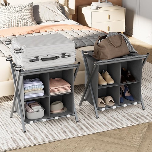 Grey folding luggage - luggage, rack